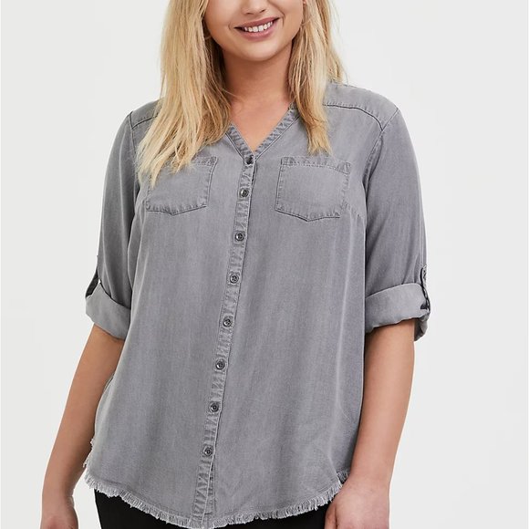 torrid Tops - Torrid Light Gray Denim Button Front Raw Hem Tunic Shirt